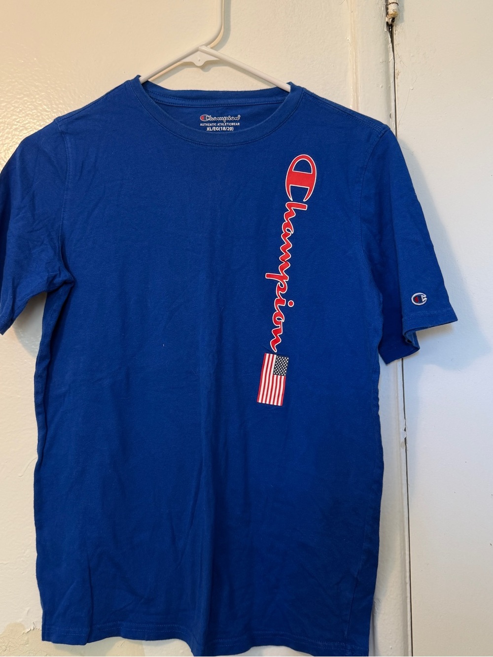 Champion Kids XL 18/20 Blue Spellout American Flag T-Shirt